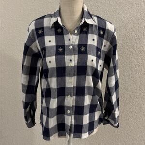 Koret Navy and White Plaid Shirt with embroidered flowers. Petite Small